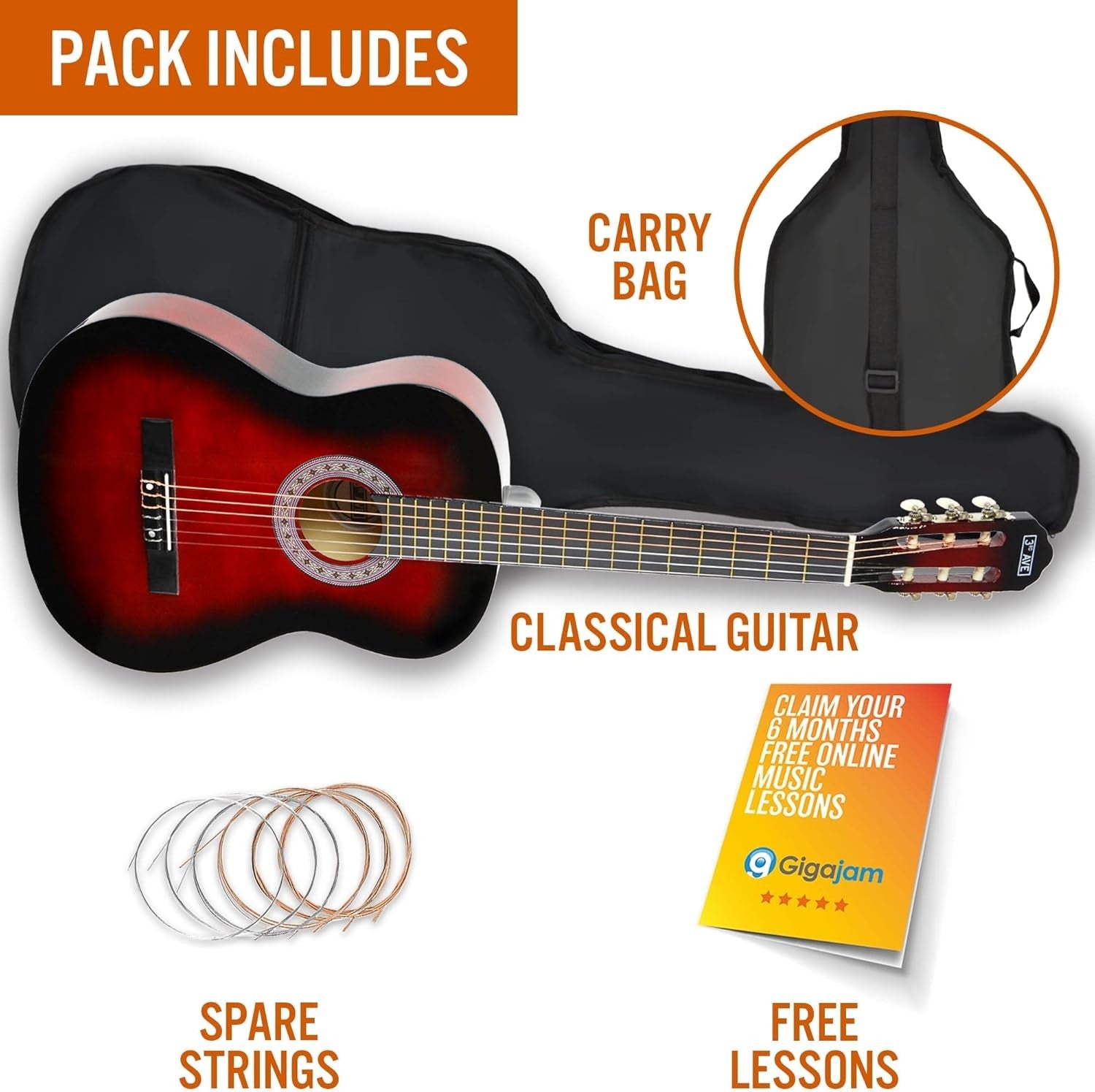 3/4 Kids Classical Guitar Nylon String Starter Pack Red w/ Bag