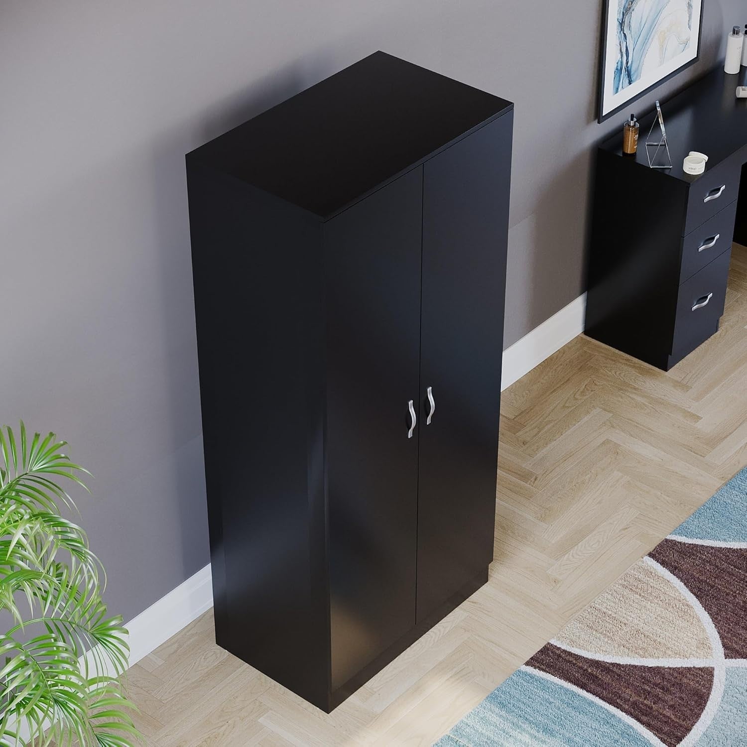 Black 2 Door Wardrobe With Shelf & Rail, Modern Bedroom Storage Unit