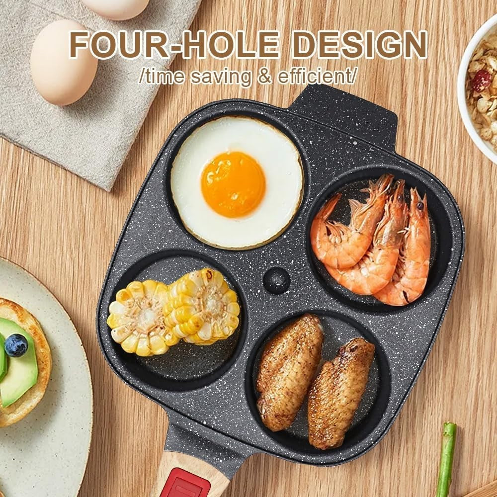 4-Cup Egg Pan Non-Stick Pancake Skillet w/ Lid & Detachable Handle Black