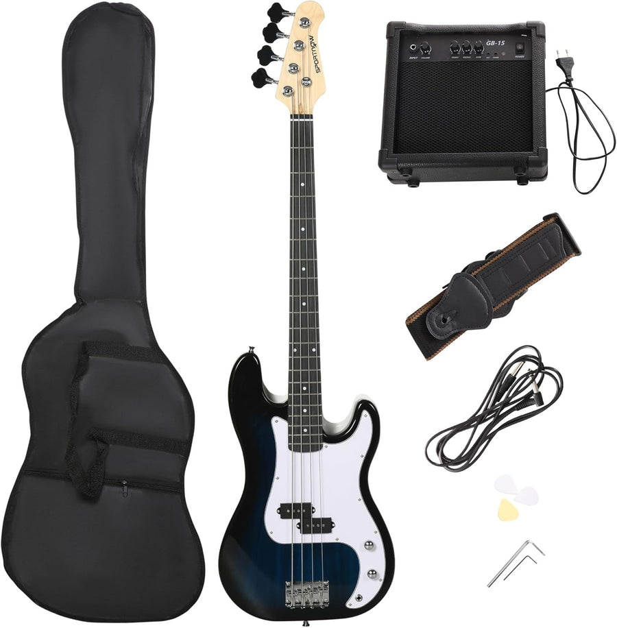 4 String Electric Bass Guitar Full Size Starter Kit w/ Amp Blue