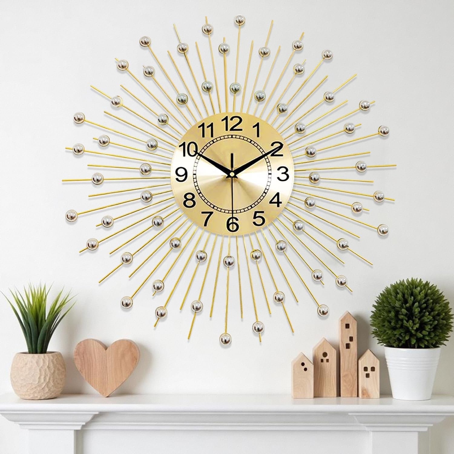 60cm Gold Sunburst Wall Clock – Silent Quartz Modern Decorative Metal Design