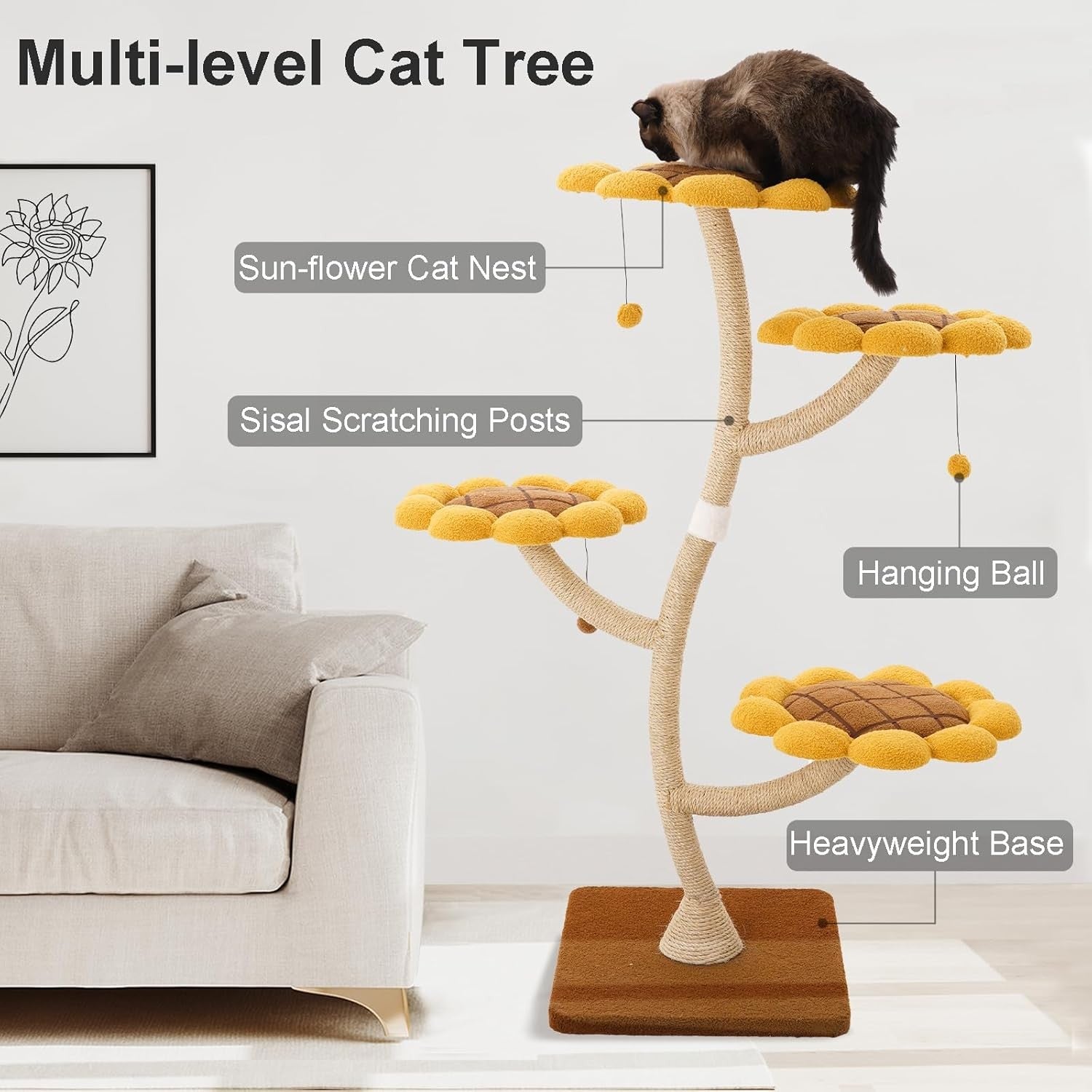 Sunflower Cat Tree 4-Level Wooden Tower Scratching Posts Indoor Climber