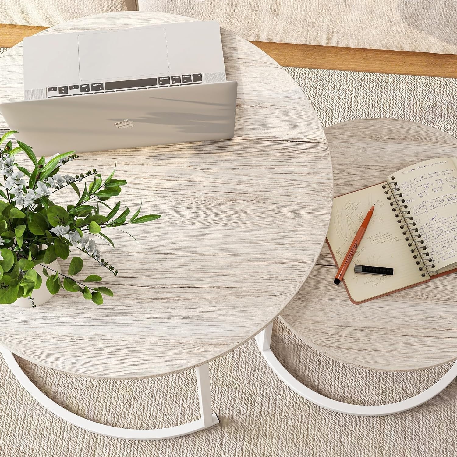 Round Nesting Coffee Tables Set of 2 with Metal Frame & Oak Tops, Space Saving