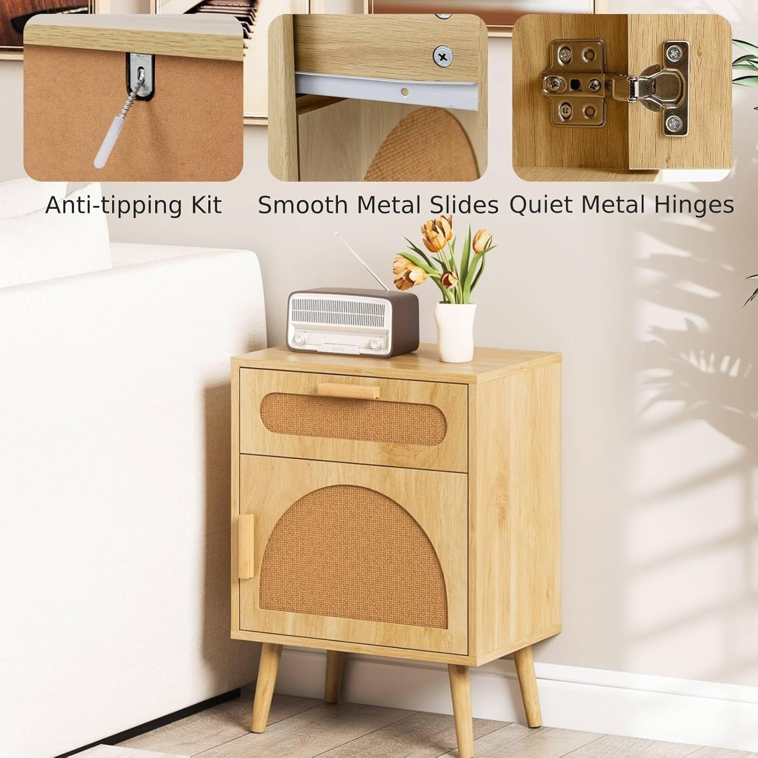 Wooden Rattan Bedside Tables Set of 2 | Boho Nightstands with Storage & Shelf