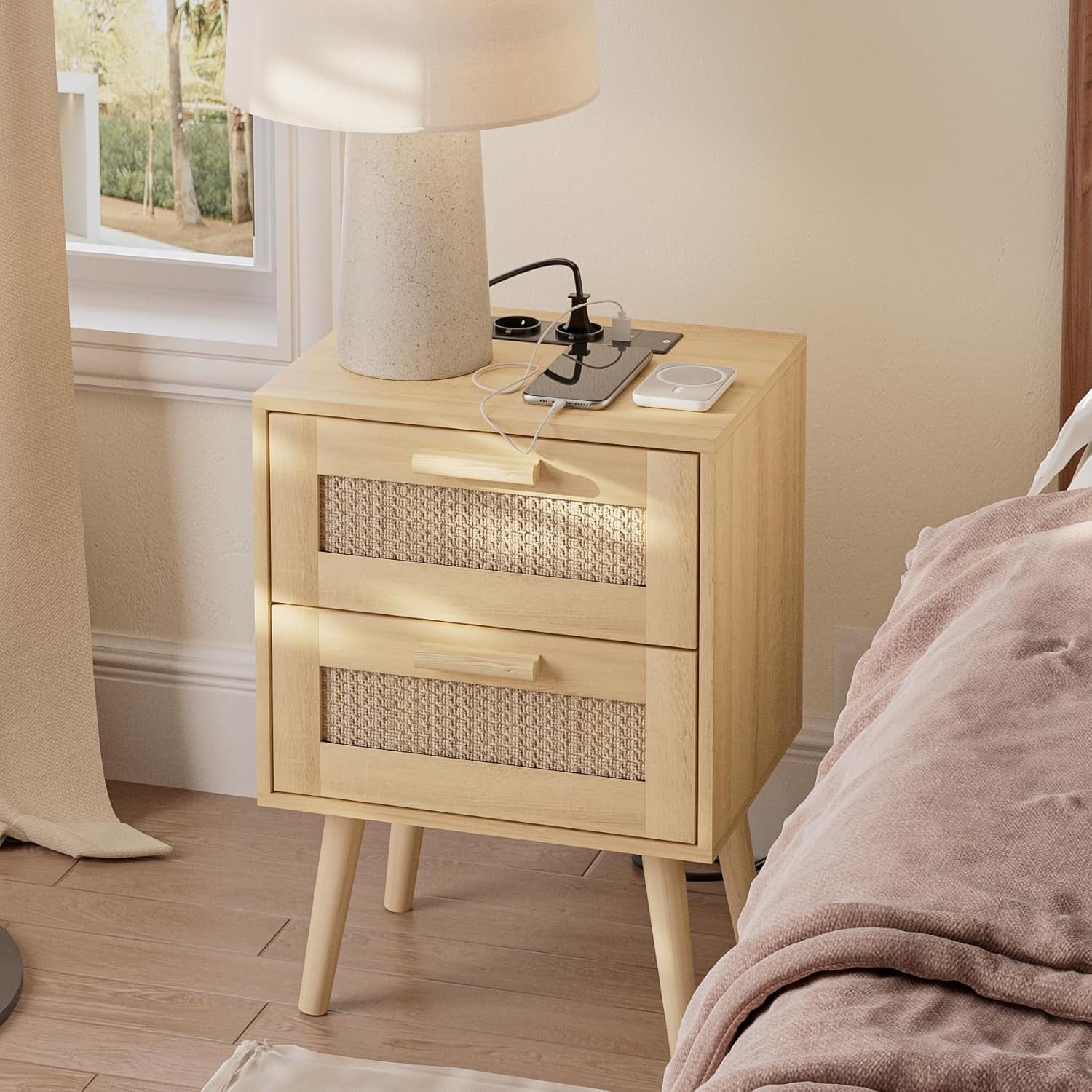 Rattan Bedside Table with 2 Drawers | Natural Wooden Nightstand for Bedroom