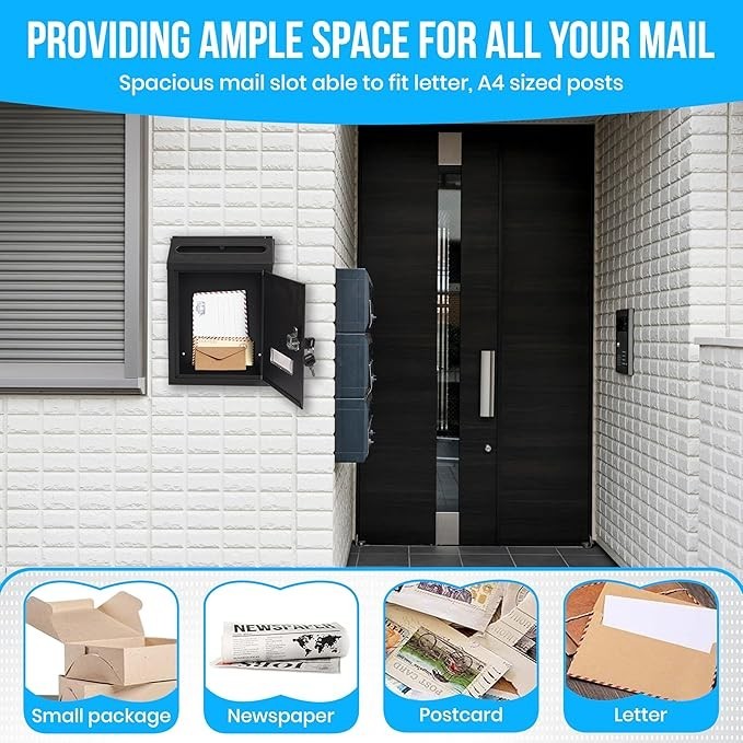 Secure Wall Mounted Mailbox Outdoor Letterbox Black Steel Lock Post Holder