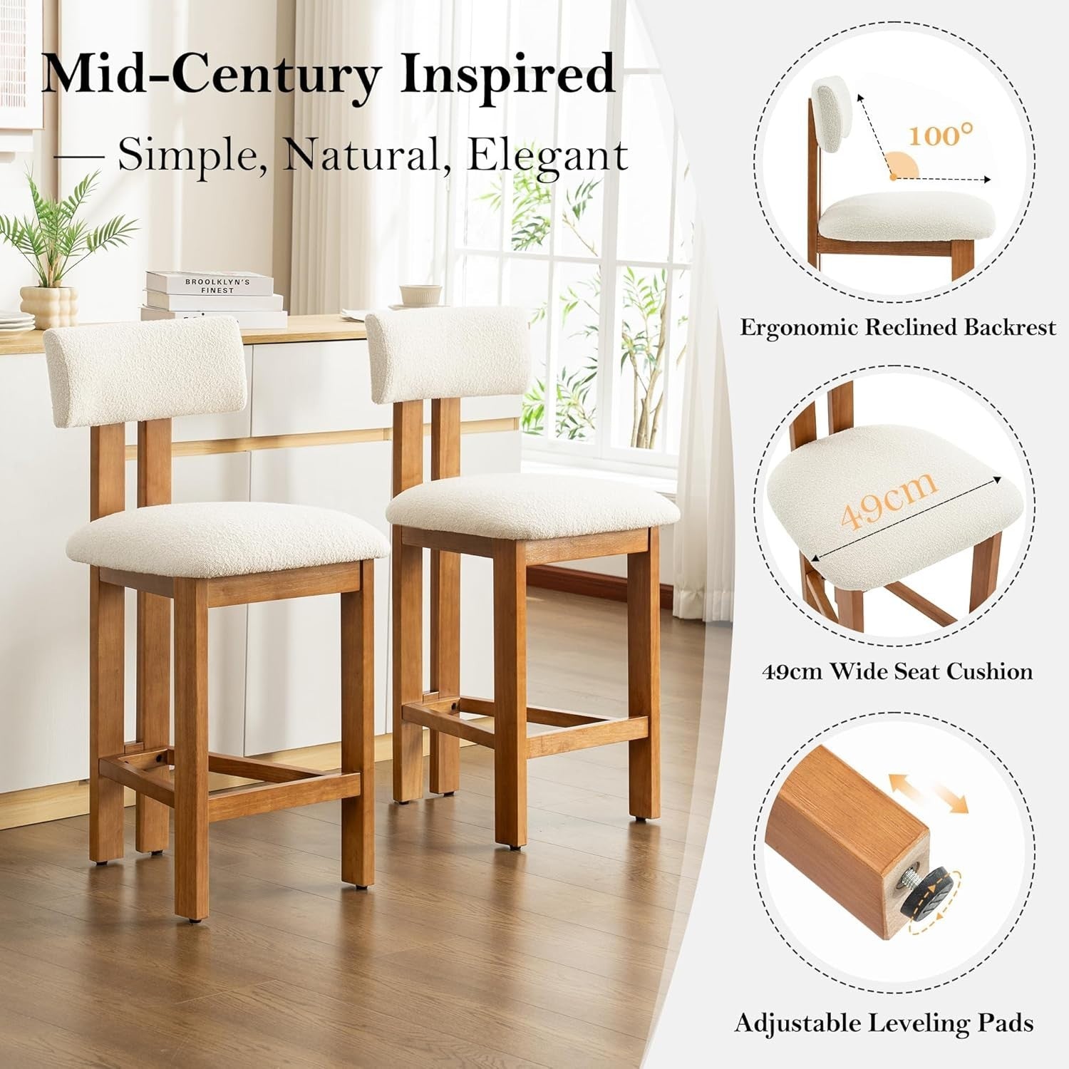 Retro Mid Century Bar Stools Set of 2 Cream Boucle Padded Kitchen Island