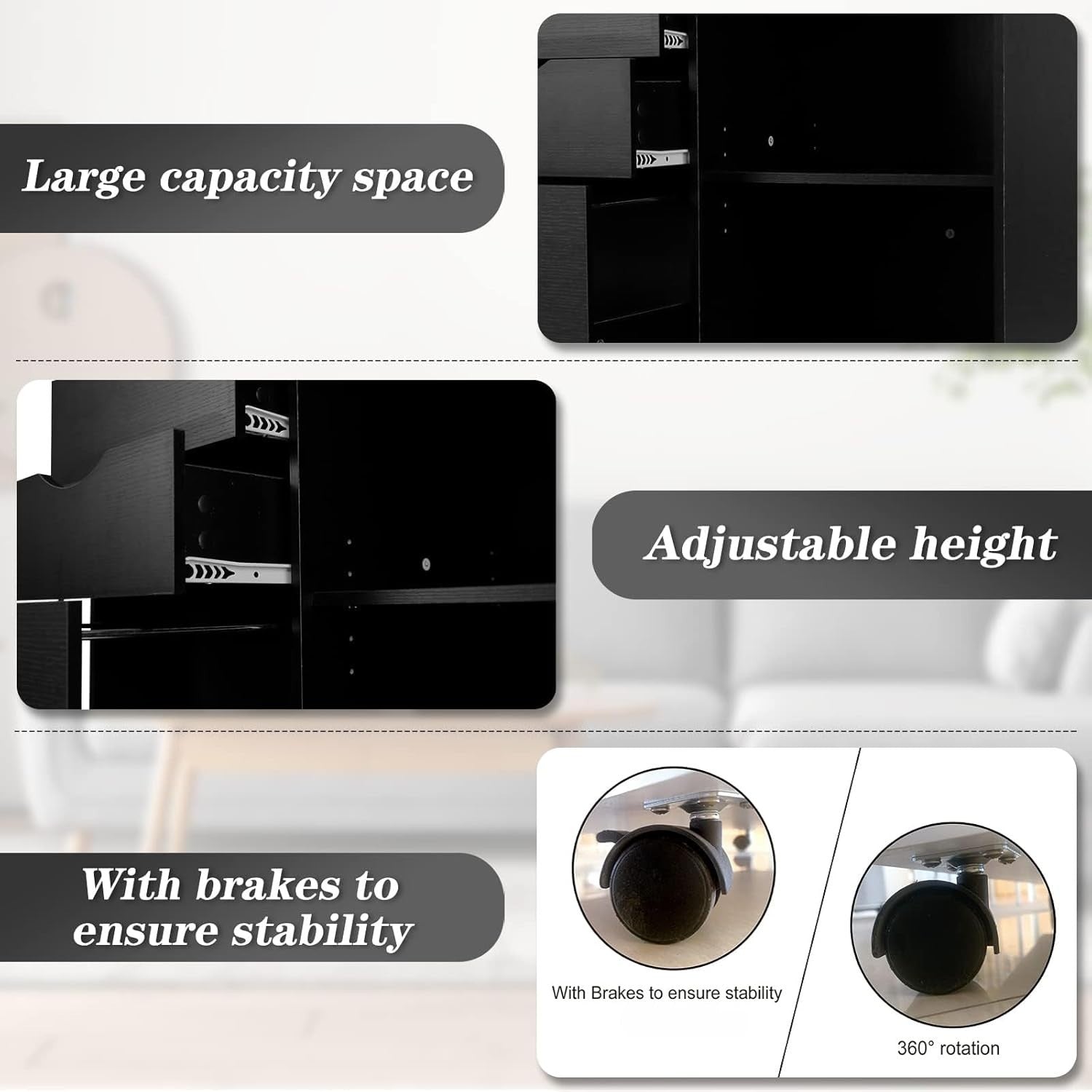 Black Rolling Lateral File Cabinet 3 Drawer Open Shelf Printer Stand