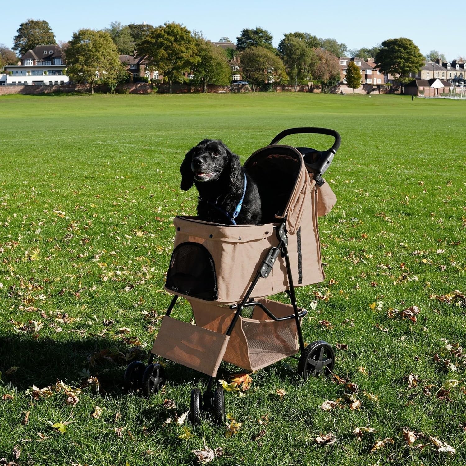 Beige Pet Stroller Pushchair with Navy Caddy Bag Foldable 15kg Travel