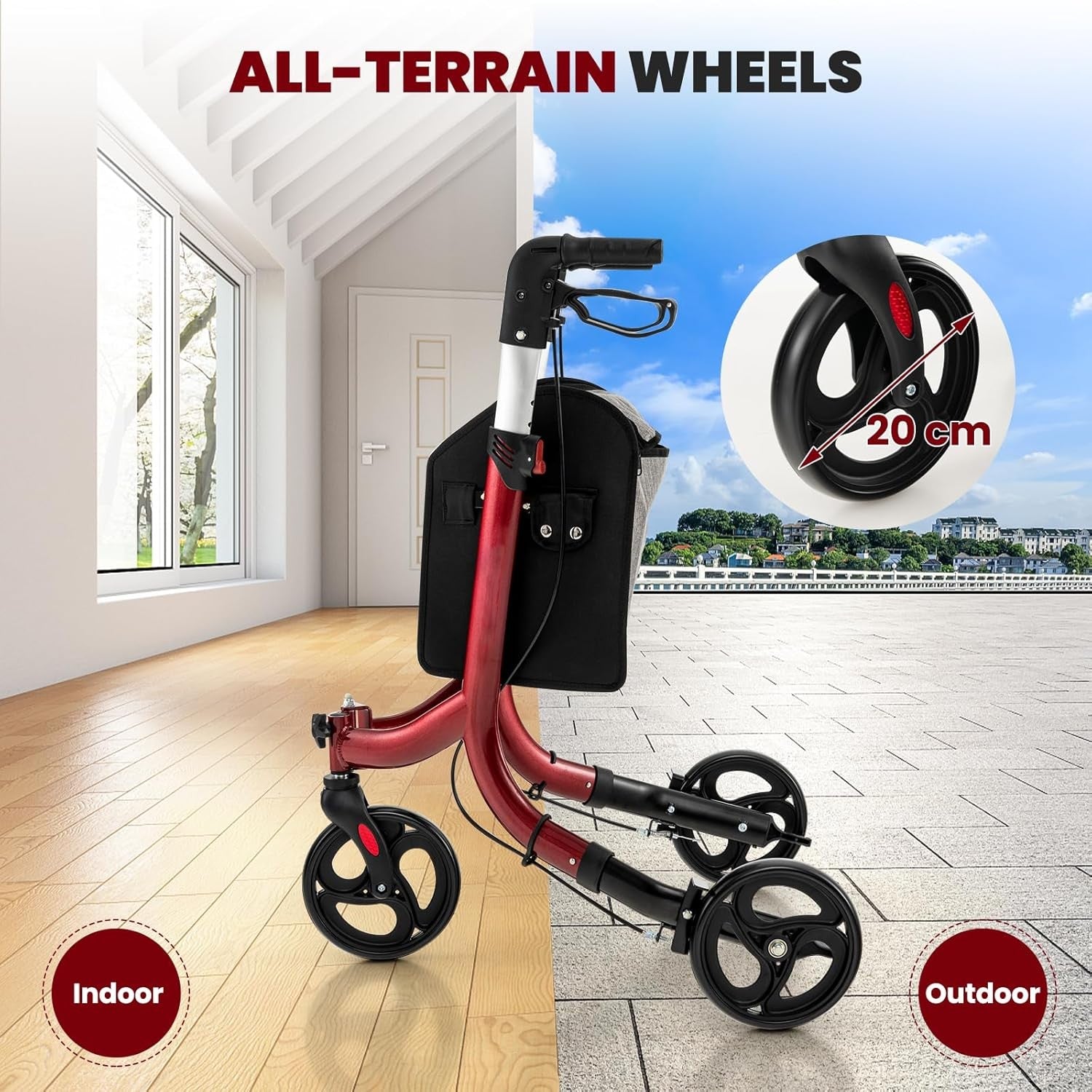 3 Wheel Folding Rollator Walker Lightweight Adjustable Mobility Aid Brakes