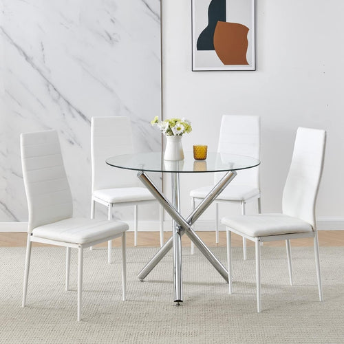 Round Glass Dining Table Set 4 Velvet Chairs Compact Modern Kitchen Space