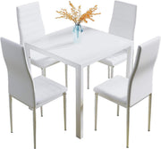 Modern 4-Seater White Glass Dining Table with Faux Leather Chairs
