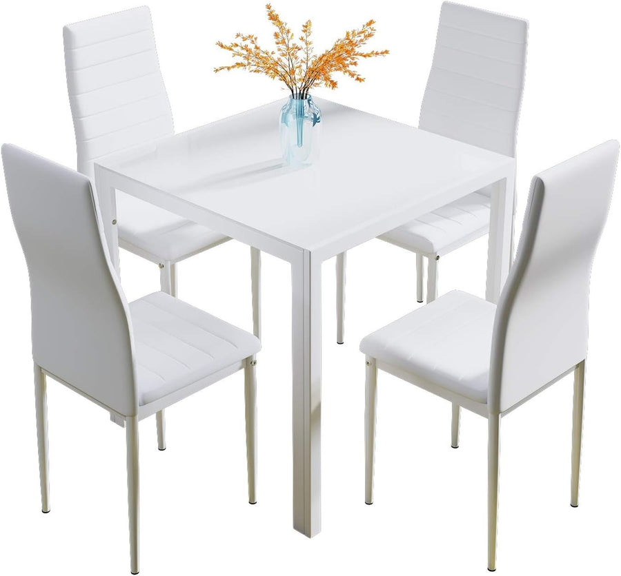 Modern 4-Seater White Glass Dining Table with Faux Leather Chairs