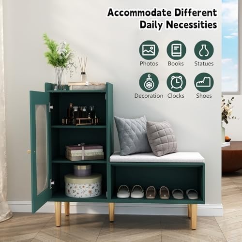 L-Shaped Shoe Storage Bench with Cushion Glass Doors 100×30×92 cm Green