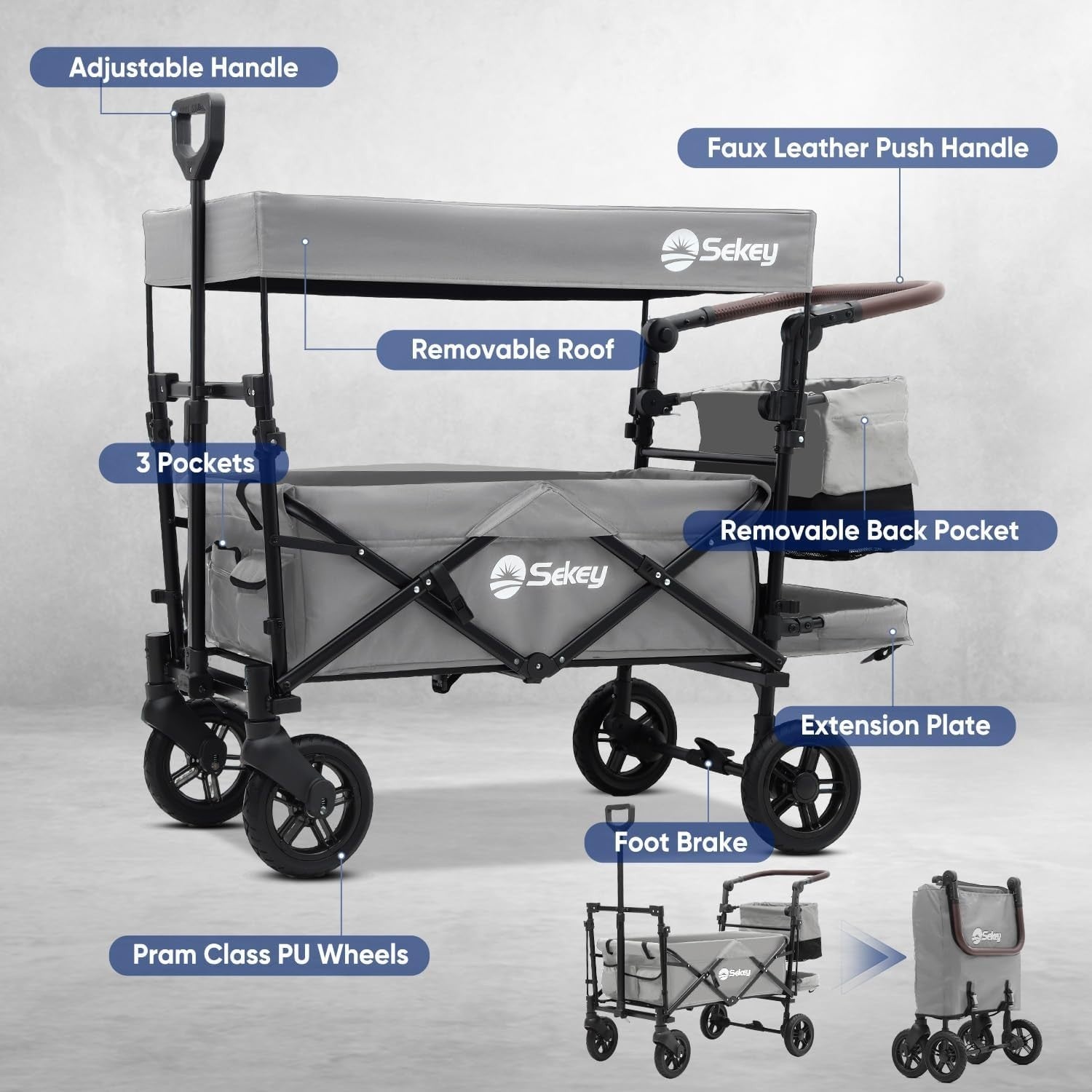 Grey Kids Folding Wagon with Canopy Shockproof Wheels 100kg Family Transport