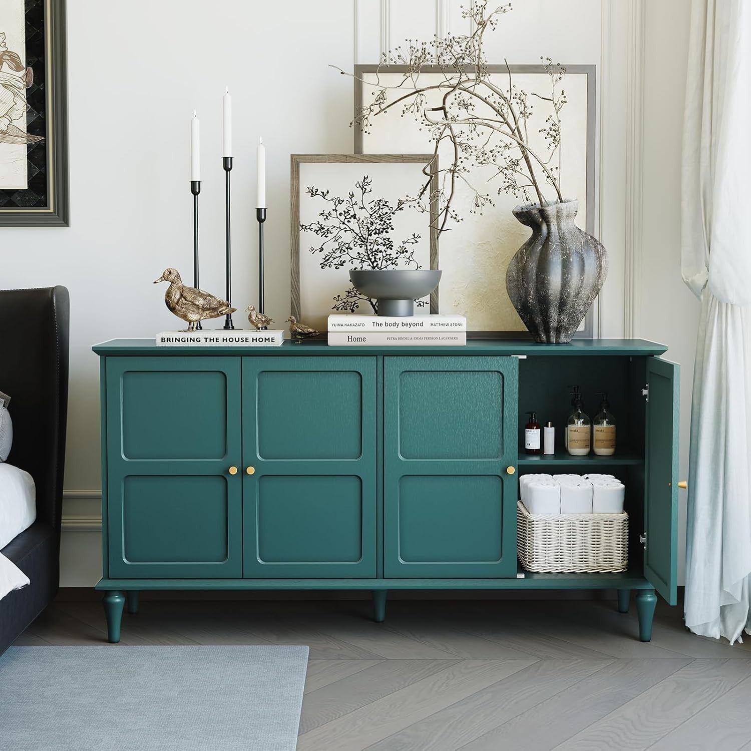 Mid-Century Green Sideboard with Wine Glass Rack, 4 Doors, Large Storage