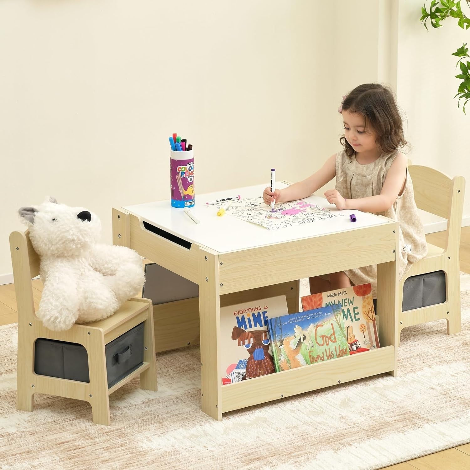 4 in 1 Kids Table and Chairs with Whiteboard Blackboard Storage & Book Rack