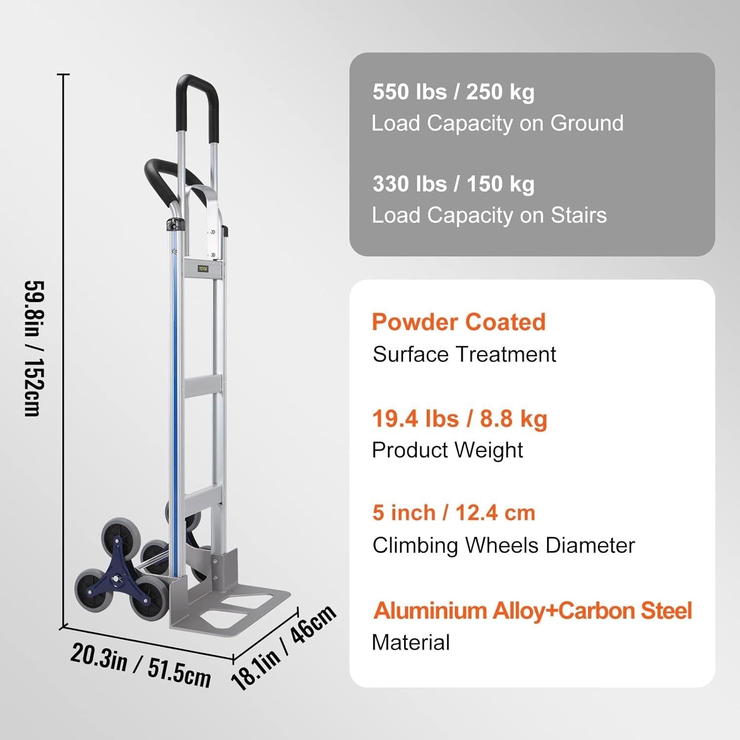 Aluminum Stair Climbing Cart 550lb Capacity w/ Dual Handles & Tri-Wheels