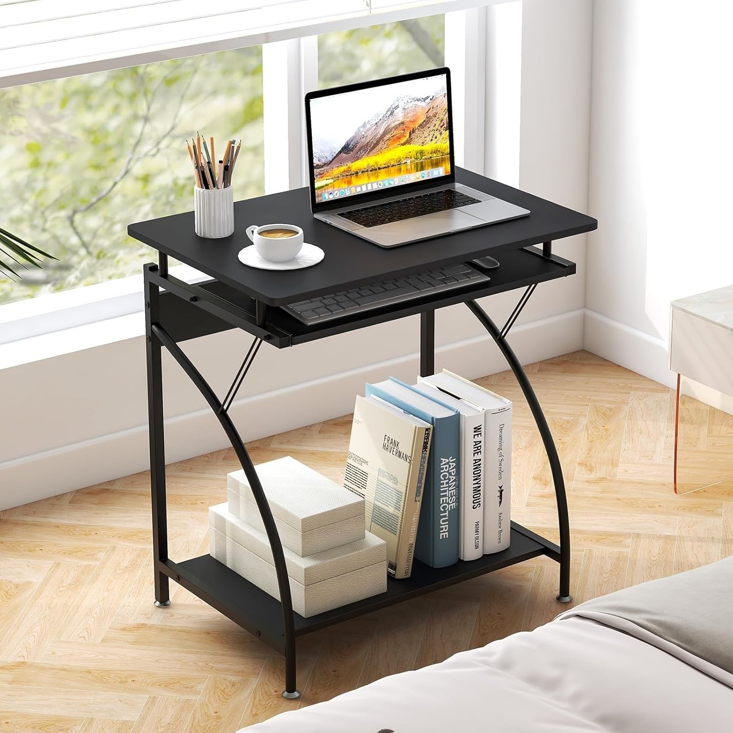Compact Computer Desk with Keyboard Tray Storage Shelf Small Home Office Table