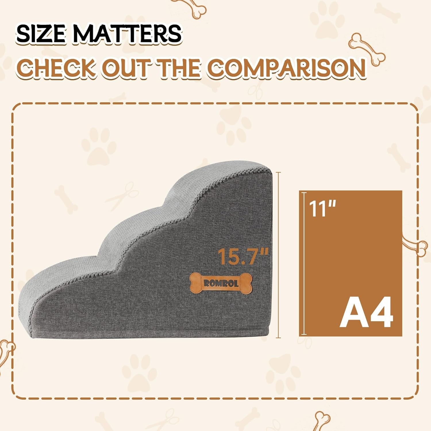3 Step Dog Stairs Non Slip Pet Ramp for Bed Sofa Washable Grey