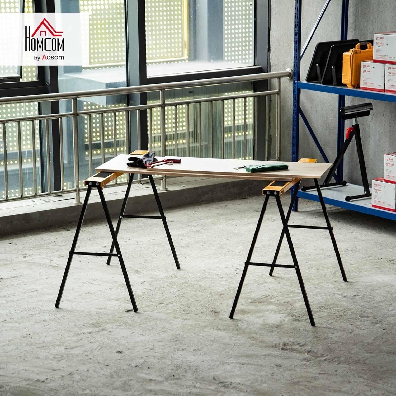 2x Folding Sawhorse Workbench Set Metal Trestles Non-Slip EVA Surface 125kg
