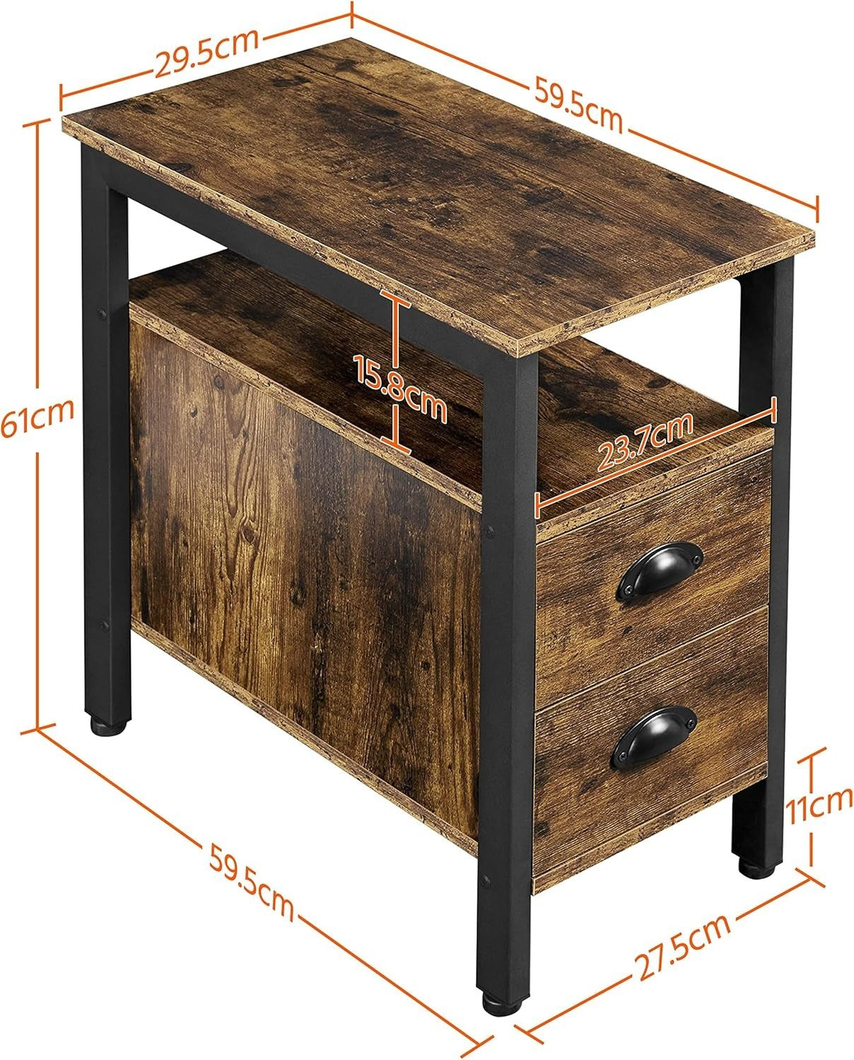Slim Bedside Table with Drawers & Shelf for Small Spaces – Rustic Storage