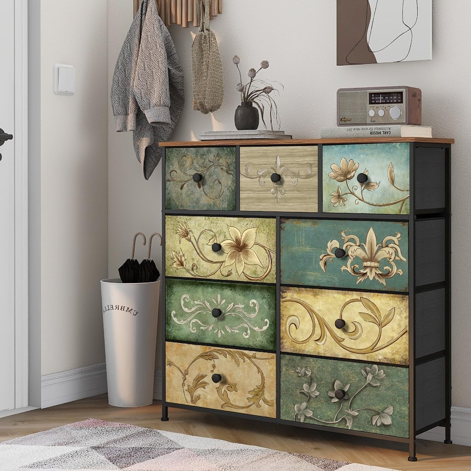Retro Floral Pattern 9-Drawer Dresser Chest for Bedroom Nursery Storage