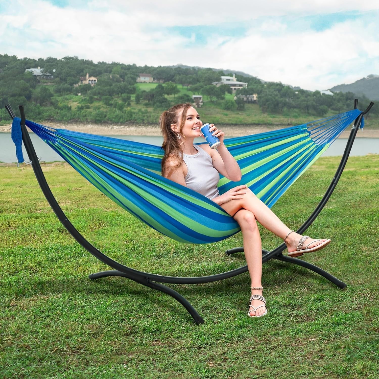 Blue Green Hammock with Stand | 2-3 Person 475lb Capacity | Portable Garden Bed