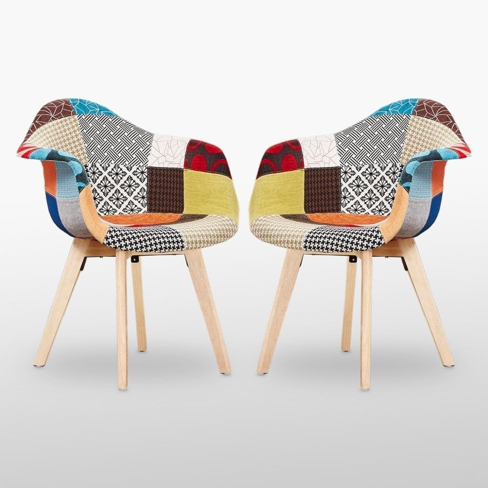 Patchwork Dining Chairs Set of 2 with Arms Wood Legs Fabric