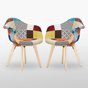 Patchwork Dining Chairs Set of 2 with Arms Wood Legs Fabric