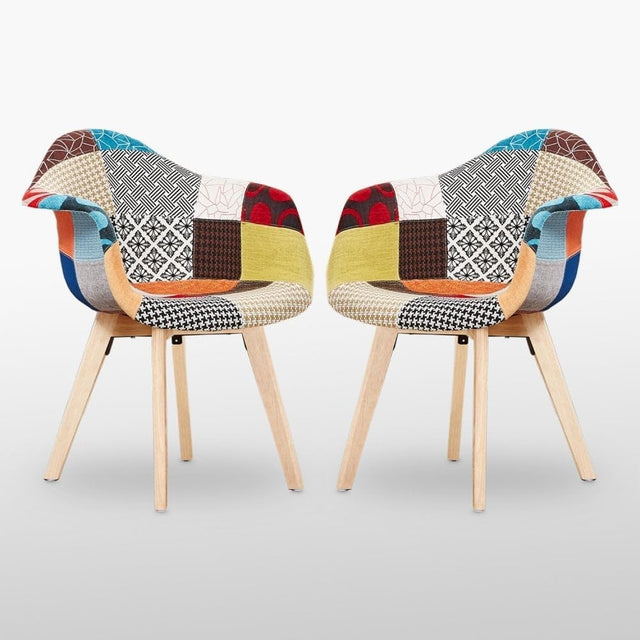 Patchwork Dining Chairs Set of 2 with Arms Wood Legs Fabric