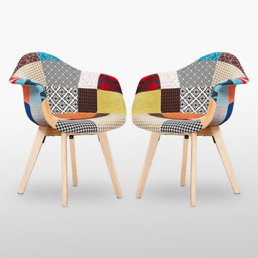 Patchwork Dining Chairs Set of 2 with Arms Wood Legs Fabric