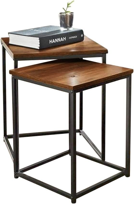 2X Square Nesting End Side Table Set Coffee Bedside Walnut Black Metal Frame