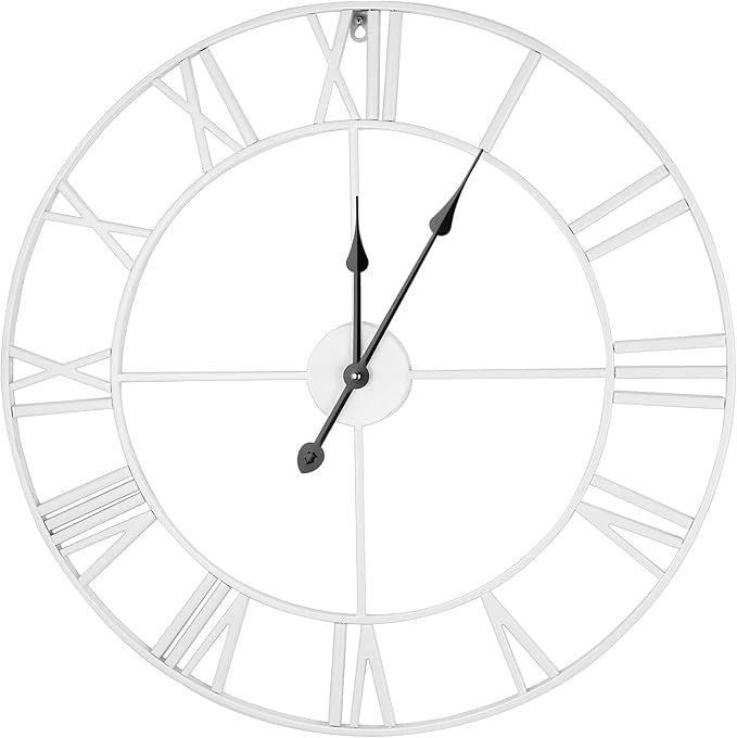 Large 60cm Metal Roman Numeral Wall Clock Silent Vintage Open Frame Decor White