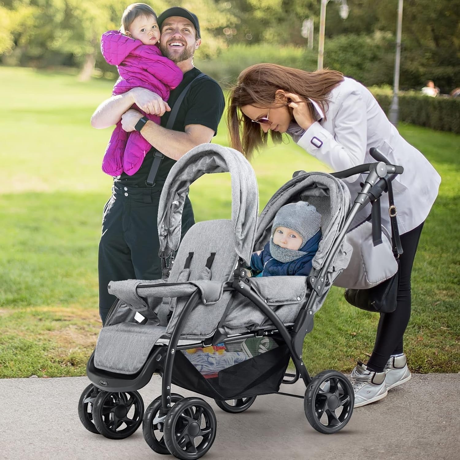 Double Baby Stroller Tandem Pushchair Adjustable Handle Foldable 30kg