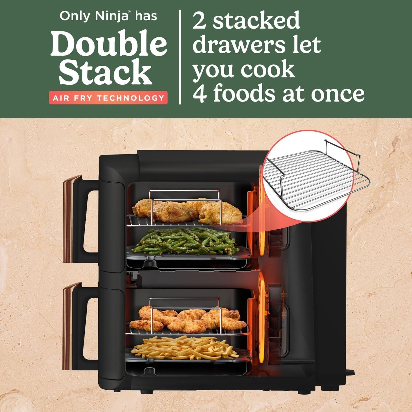 Vertical Double Stack Air Fryer 9.5L Dual Drawer 4 Level Space Saving