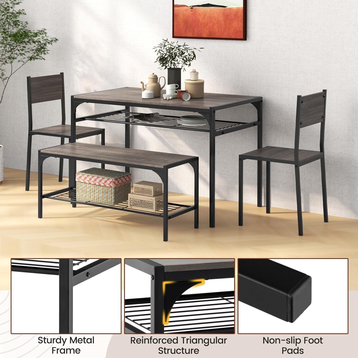 4 Seater Dining Table Bench Set w/ Storage Racks Grey Oak Metal Frame