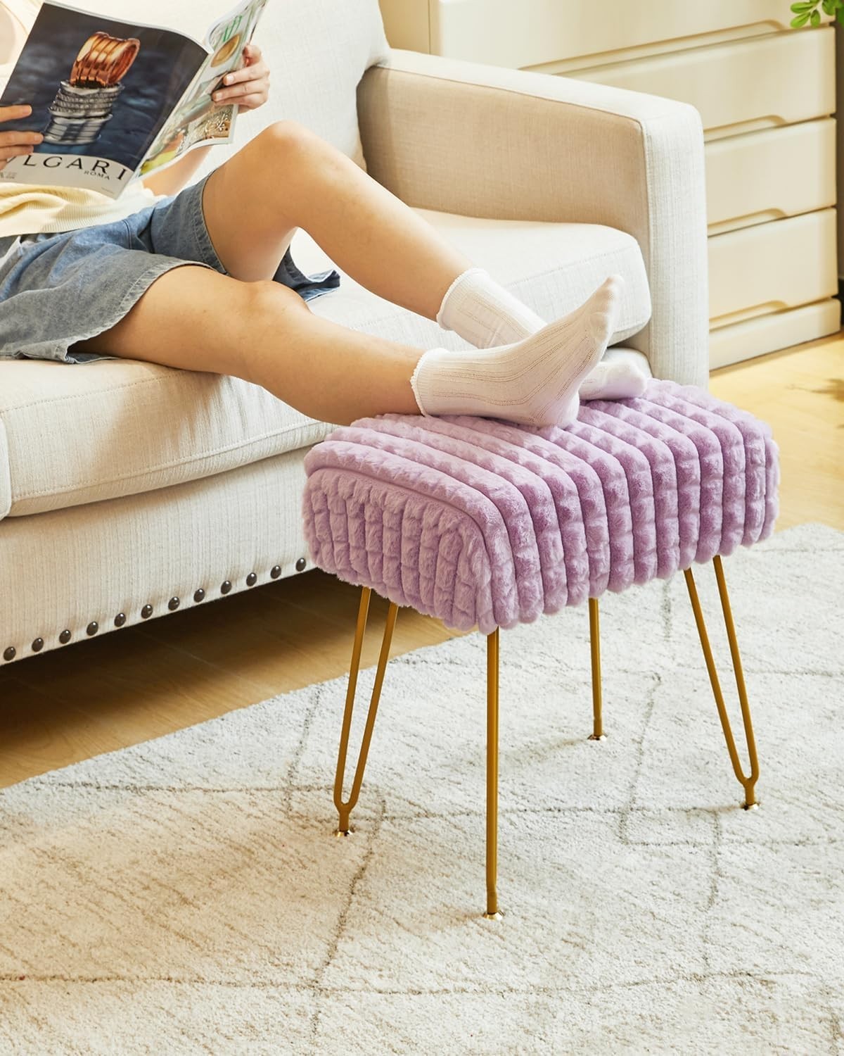 Purple Velvet Footrest Ottoman – Golder Legs, Compact Vanity Stool & Side Table