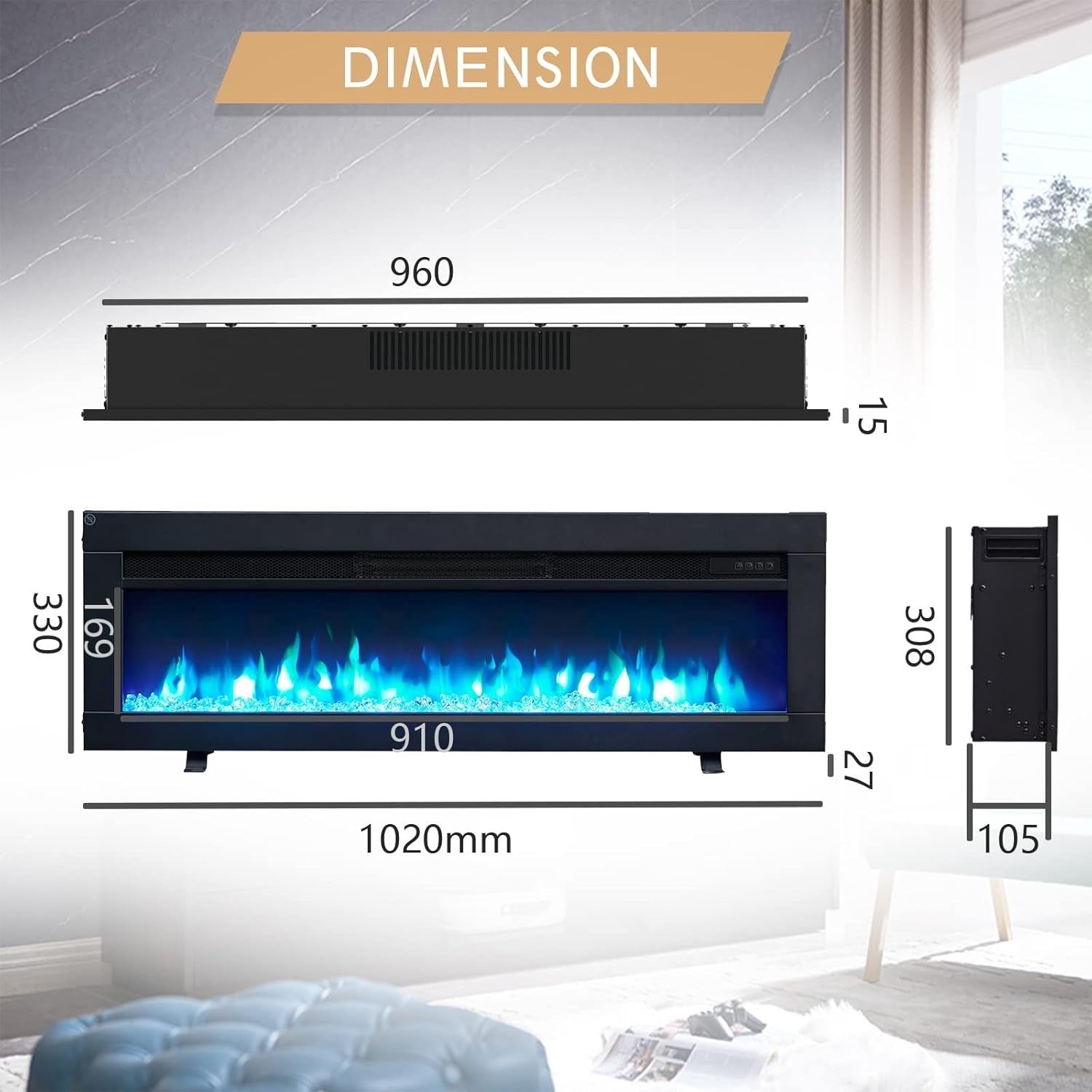 60" Wall Mounted Electric Fireplace 1800W Heater LED Flame Remote Control