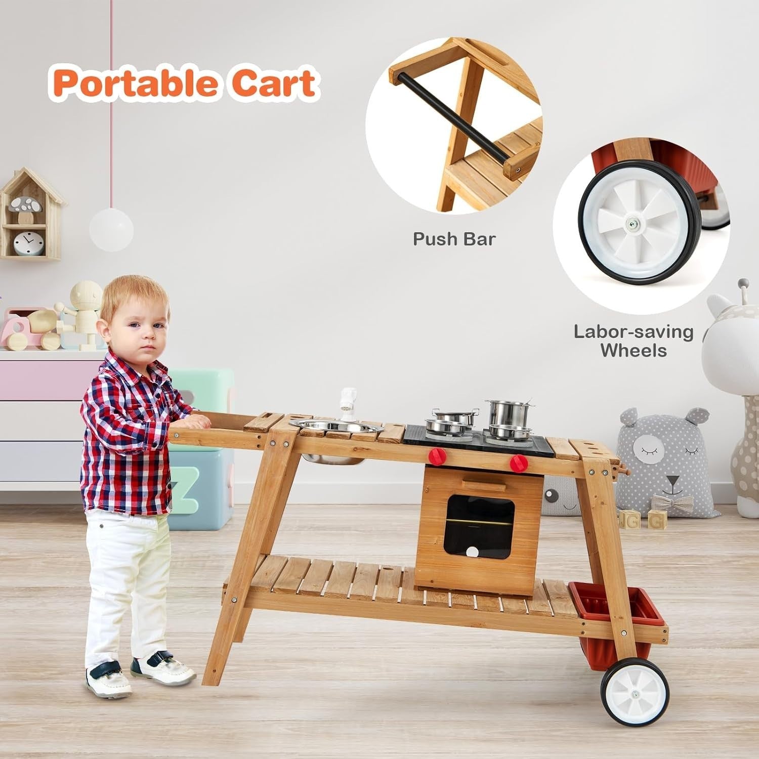 Wooden Mud Kitchen Outdoor Kids Cooking Cart Sink Umbrella Blue Toy