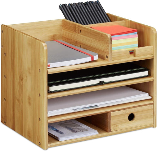 Bamboo Desk Organiser with Drawer & A4 Letter Tray, 7 Compartments