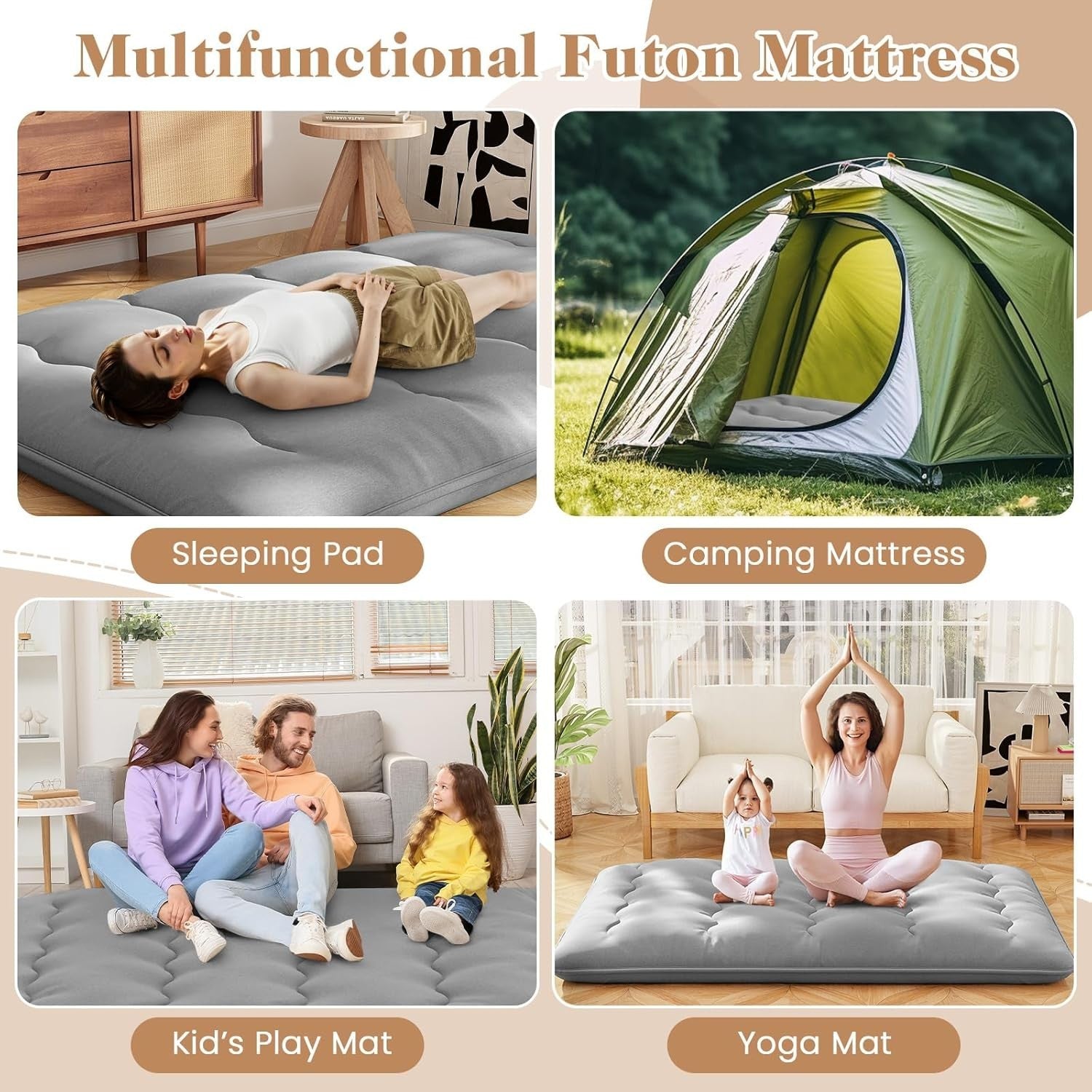 10cm Thick Japanese Foldable Tatami Futon Mattress Double Grey Sleeping Pad