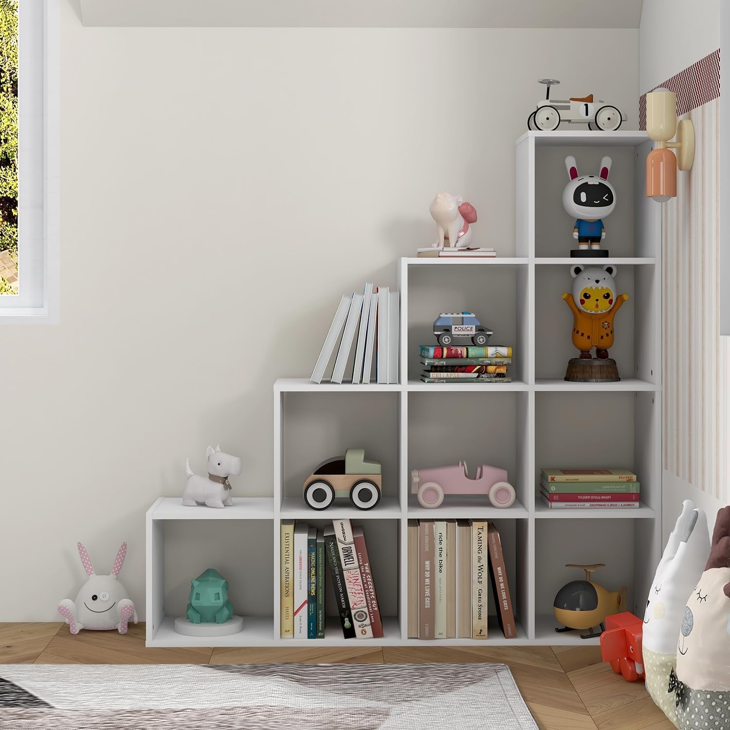 10-Cube Wooden Display Shelf Stair Bookcase Modern Storage Unit for Home & Offic