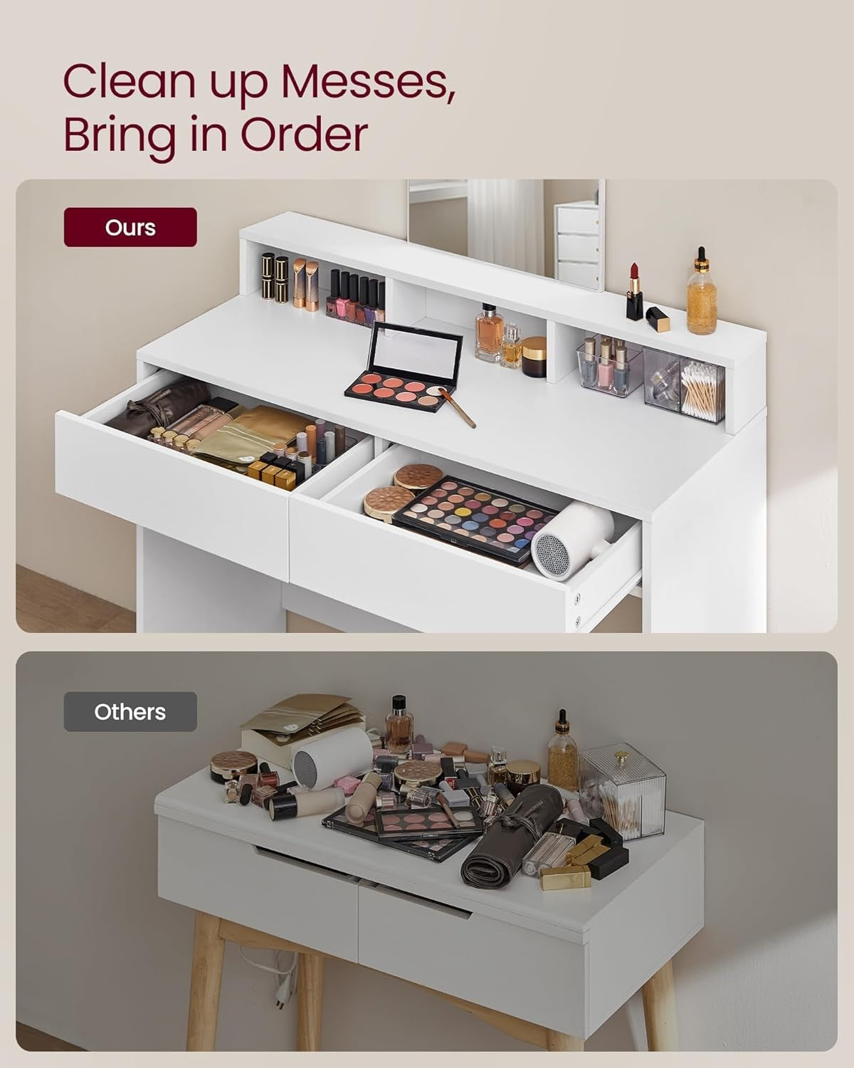 Modern Makeup Vanity Dressing Table Desk Storage Drawers Mirror White Wood