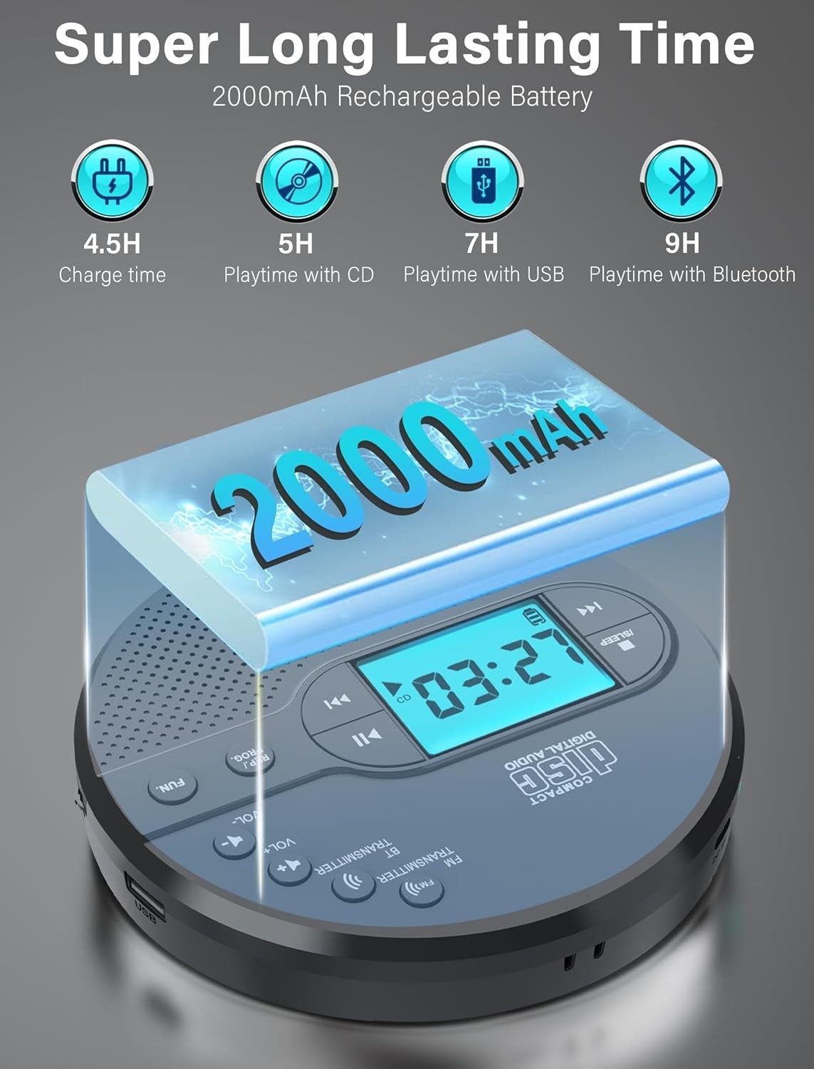 Rechargeable Discman CD Player Bluetooth FM Transmitter AUX LCD Grey