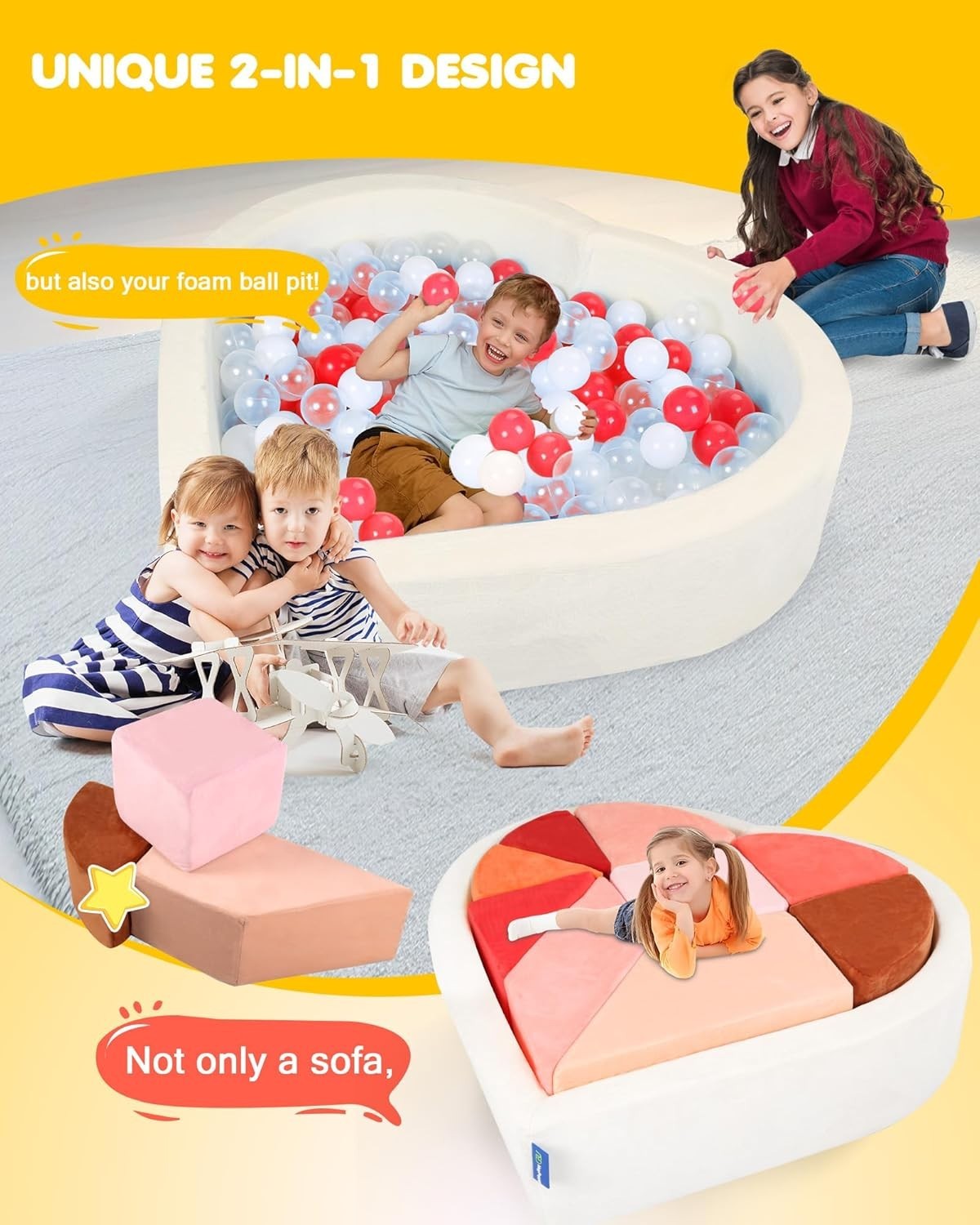 Modular Heart-Shaped Kids Sofa with Ball Pit – Soft Puzzle Play Couch
