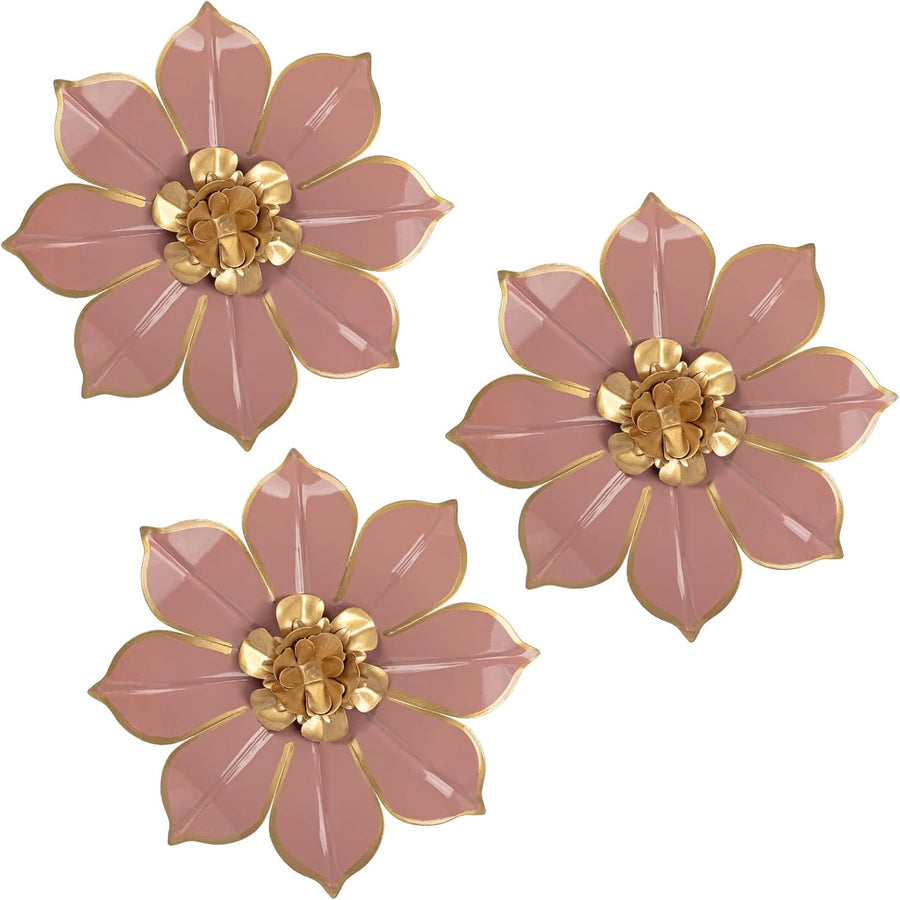 3Pcs Pink Metal Flower Wall Art 3D Modern Floral Decor