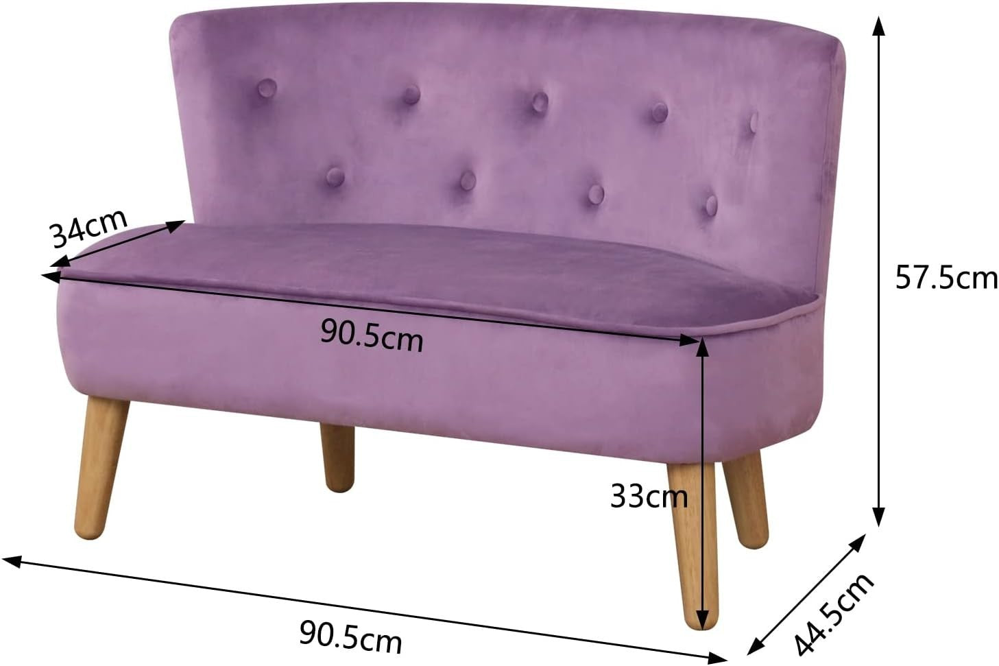Purple Velvet Kids Sofa, 2-Seater Play Couch for Toddlers, Compact 90.5x44.5x57.
