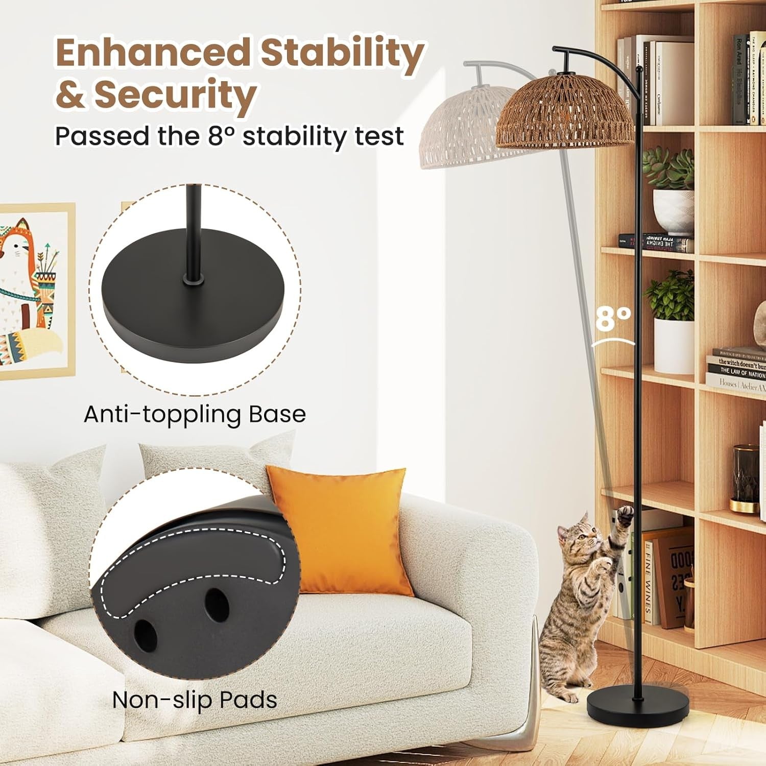 Arc Floor Lamp Natural Rattan Shade Black Stand Corner Reading Light 160cm