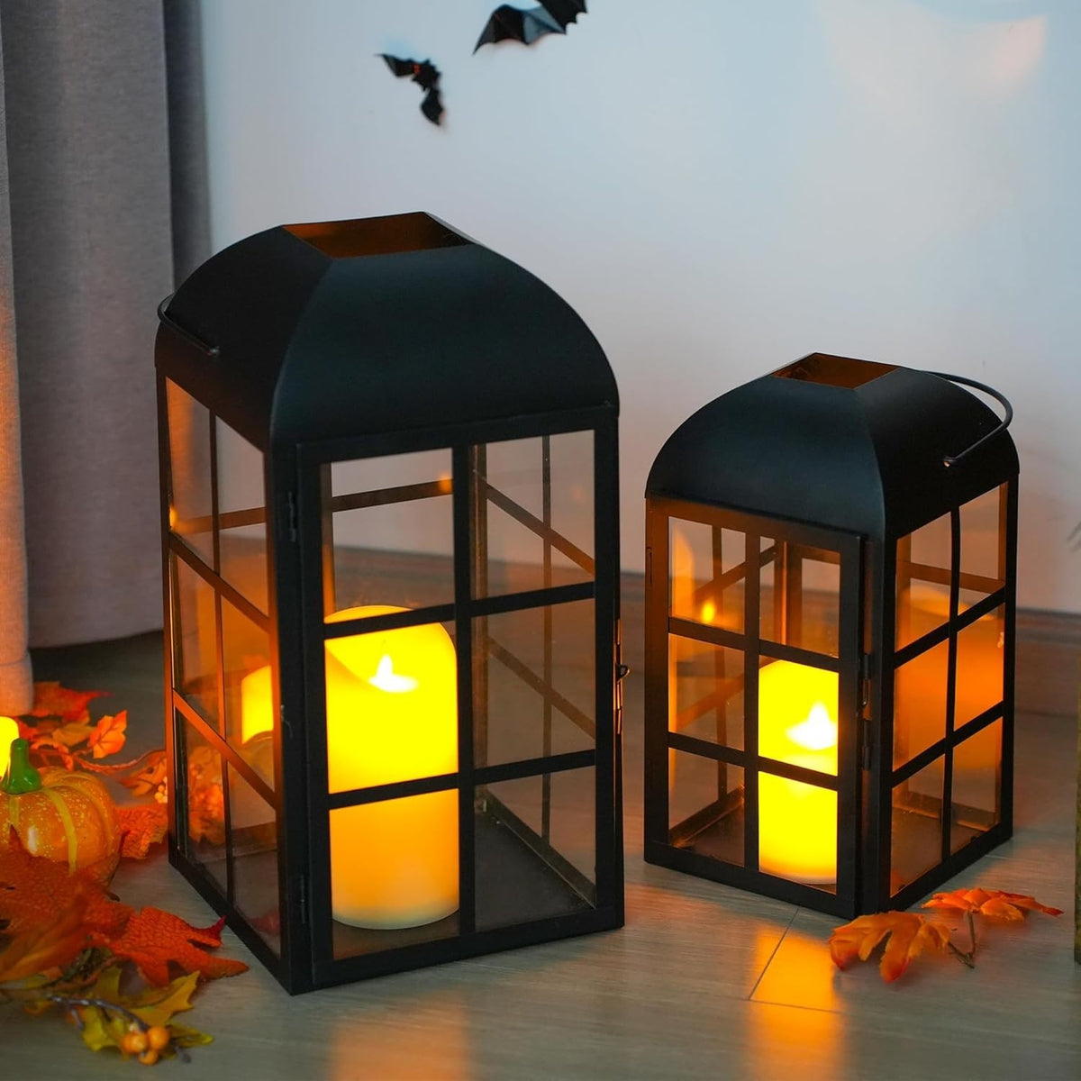Set of 2 Black Metal Candle Lanterns 35cm 26cm Indoor Outdoor Decor A++